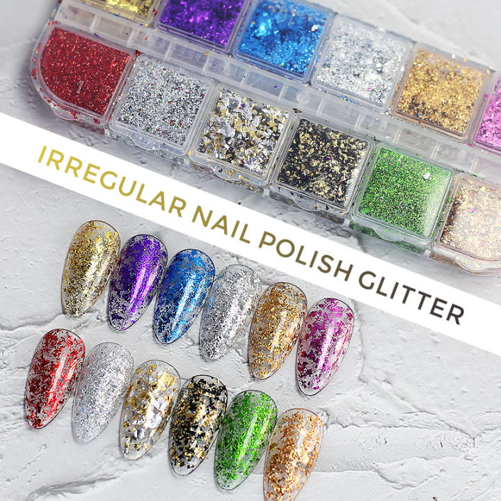 12 Grids Nail Glitter Powder Sequins Round Butterfly Heart 3D