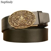 Supsindy New Men Genuine Leather Belt Luxury Gold Dragon Metal Automatic Buckle Cowhide Belts For Men Jeans Waistband Male Strap
