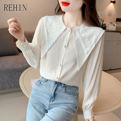 REHIN ผู้หญิงฤดูใบไม้ร่วงใหม่เวอร์ชั่นเกาหลีของปกปกลูกไม้เย็บเสื้อแขนยาวสีขาวเสื้อสง่างาม