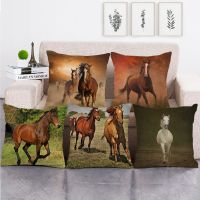 【LZ】 Running Horse Print Throw Pillow Case Animal Oil Painting Pattern Cushion Cover Linen Living Room Sofa Car Decoration Pillowcase