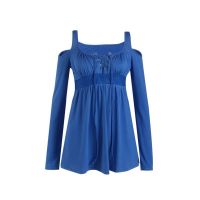 Women Sexy Stitching Lace Cold Shoulder T-Shirt Ladies Casual Solid Off Shoulder Long Sleeve Lace Up Pleated Slim Tops Blouse Plus Size