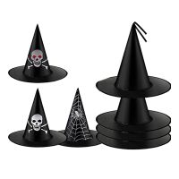 7 Pcs Halloween Props Masquerade Decoration Supplies Printed Pattern Hat Witch Wizard Oxford Cloth Pointed Hat Black