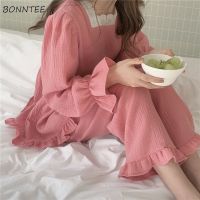 Pajama Sets Women Korean Loose Casual Long Sleeve Sleepwear Ruffles Sweet Soft High Quality Womens Homewear Tender Solid Chic