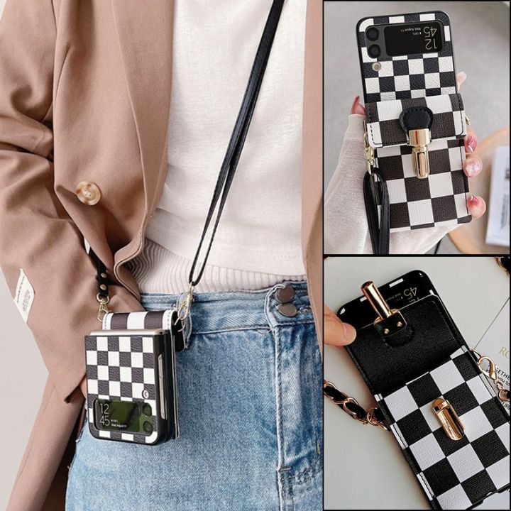 cold-noodles-girl-crossbody-long-belt-chain-checkerboard-purse-phone-case-for-samsung-galaxy-z-flip-4-3-5g-gird-pattern-leather-wallet-cover