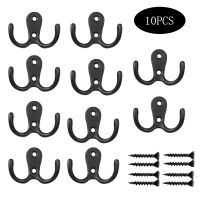 10Pcs Black Small Metal Wall Hooks Dual Prong Door Hangers with Mounting Screws for Hanging Coat Robe Clothes Hat Keys Heavy Bag