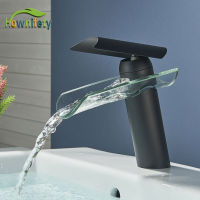 Waterfall Black Bathroom Faucet Hot Cold Mixer Crane Basin Tap Glass Mordern Design For Bathroom Sink Deck Mount