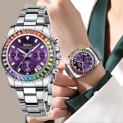 ✕ BIDEN นาฬิกาสำหรับผู้หญิงนาฬิกาข้อมือควอตซ์แฟชั่นผู้หญิงสร้อยข้อมือ 12/24 ชั่วโมง Chronograph กันน้ำปฏิทิน montre femme luxe