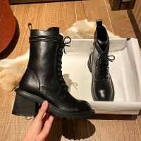 รองเท้าบูทบริทิชมาร์ตินส้นสูงส้นสูงหนาสำหรับผู้หญิง,Trendcaohuatang3 Sepatu BOOT Pendek หัวกลมอเนกประสงค์สีดำมีเชือกผูก