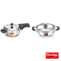 Prestige Svachh Deluxe Alpha 3.0 Litre Stainless Steel Pressure Cooker &amp; Prestige Platina Induction Base Non-Stick Stainless Steel Kadai, 220Mm, Silver