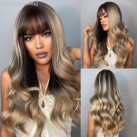 Ombre Brown Gold Highlight Synthetic Wig for Black Women Long Wavy Cosplay Wig with Bangs Natural Daily Heat Resistant Hair [ Hot sell ] ea1voy