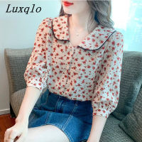 Luxqlo เสื้อแฟชั่นสำหรับผู้หญิงเสื้อนอกลายดอกไม้วินเทจไซส์ใหญ่พิเศษเสื้อเชิ้ตสไตล์เกาหลีแขน3/4ใหม่