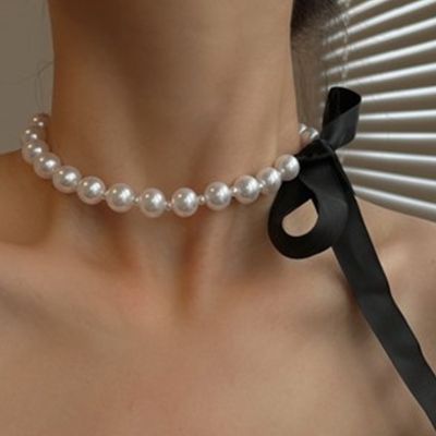 2022 Korea Tender Fashion Black Bowknot Chain Necklace for Women Girls Elegance Imitation Pearl Accessories Birthday Gifts