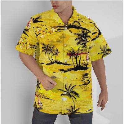เสื้อฮาวายสีเหลืองผู้ชาย,เสื้อ3D แขนสั้นลำลองมีกระดุมสำหรับวันหยุดเสื้อลายผ้าปะชายหาด