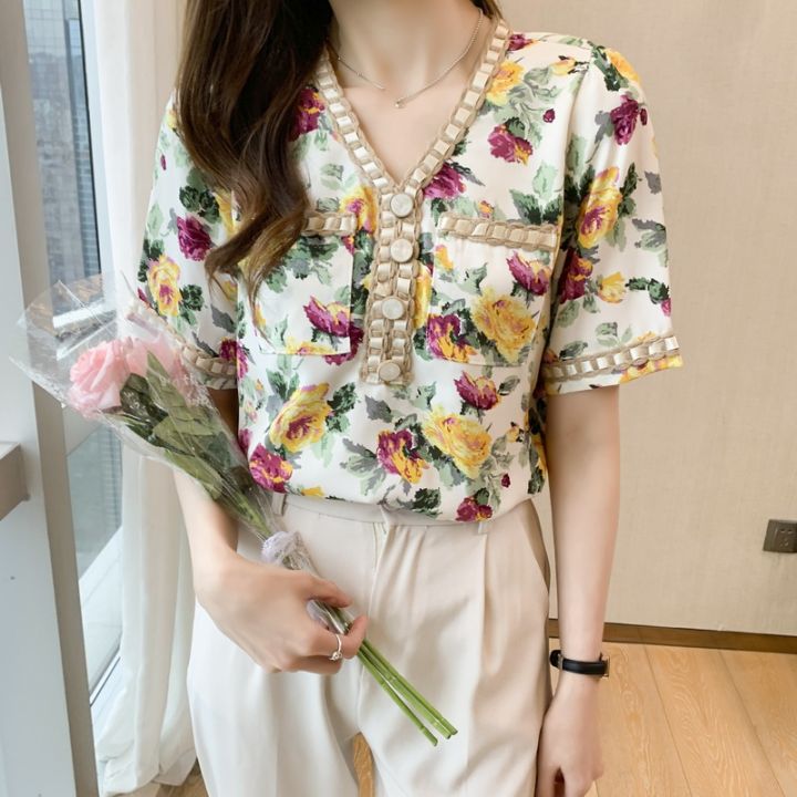 yige-2022-summer-new-style-woven-v-neck-blouse-french-floral-chiffon-blouse-short-sleeved-korean-blouse