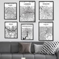 ✼ โมเดิร์นสีดำและสีขาว World City แผนที่ New York Tokyo Wall Art โปสเตอร์ผ้าใบพิมพ์ภาพวาดรูปภาพสำหรับห้องนั่งเล่นตกแต่งบ้าน