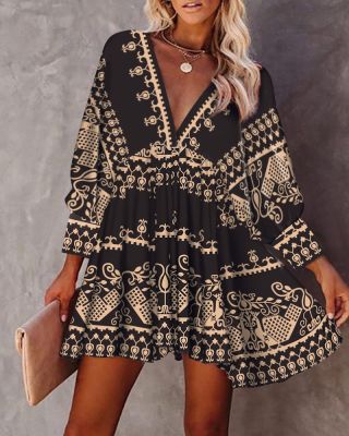 【YF】 Autumn All Over Print V-Neck Fold Pleated Mini Dress 2023 Femme Casual Lace Up Back Flare Sleeve Robe Office Lady Outfits traf