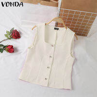 (จัดส่งฟรี)Fancystyle VONDA เสื้อกั๊กคอเหลี่ยมสวยสง่าผู้หญิงเนื้อแขนกุดเสื้อปุ่มทึบขึ้นถัง #2