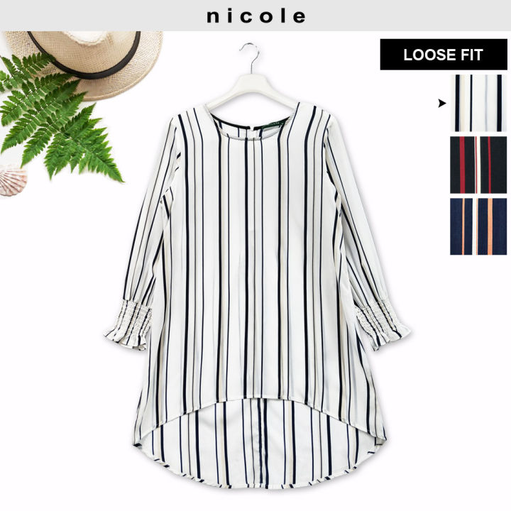 Nicole Round Neck Long Sleeves Striped Blouse With Uneven Hemline