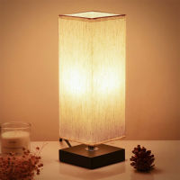 LED Bedside Table Lamp Linen Lampshade Wood Base Simple Suqare Solid Wood Bedroom Night Light US Plug LED Home Desk Nightlight