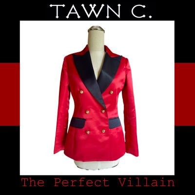 TAWN C. The Perfect Villain Collection - Red &amp; Black Silk Tuxedo Jacket เสื้อสูทผ้าไหมทรงทักสิโด้แต่งปกดำและกระดุมทอง