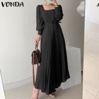 ▽☂❂ Vonda ชุดเดรสยาว แขนยาว คอสี่เหลี่ยม แต่งจับจีบ สีพื้น สไตล์เกาหลี สําหรับผู้หญิง