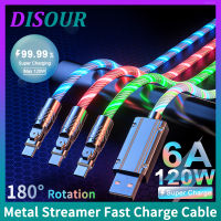 DISOUR สตรีมเมอร์180 ° หมุนได้เร็ว6A สายชาร์จ120วัตต์ USB สายชาร์จแบตเตอรี่โลหะเรืองแสงเป็นประเภท C/USB ไมโคร USB/iPhone LED เรืองแสงสายข้อมูลสามารถใส่ได้กับ iPhone Android