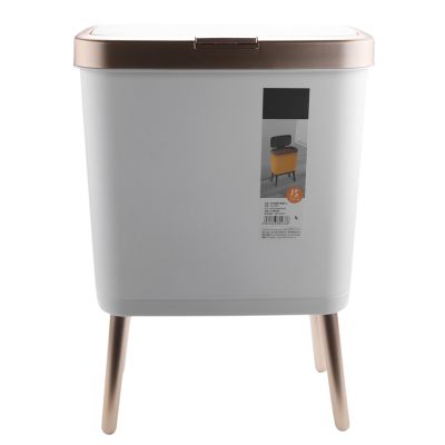 Luxury Fashion White Gold Trash Can 15L Large-Capacity with Lid Dustbin Living Room Sofa Side High Feet Garbage Bin