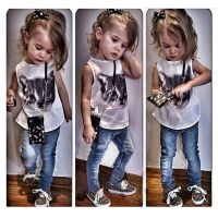 [COD] European and Print Pattern Sleeveless Top Denim Pants Two-piece Childrens