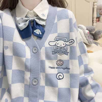 Sanrio Knit Sweater Kawaii Mymelody Kuromi Pompom Purin Jk Uniform Checkerboard Cardigan Sweater Cute Plus Size Loose Top