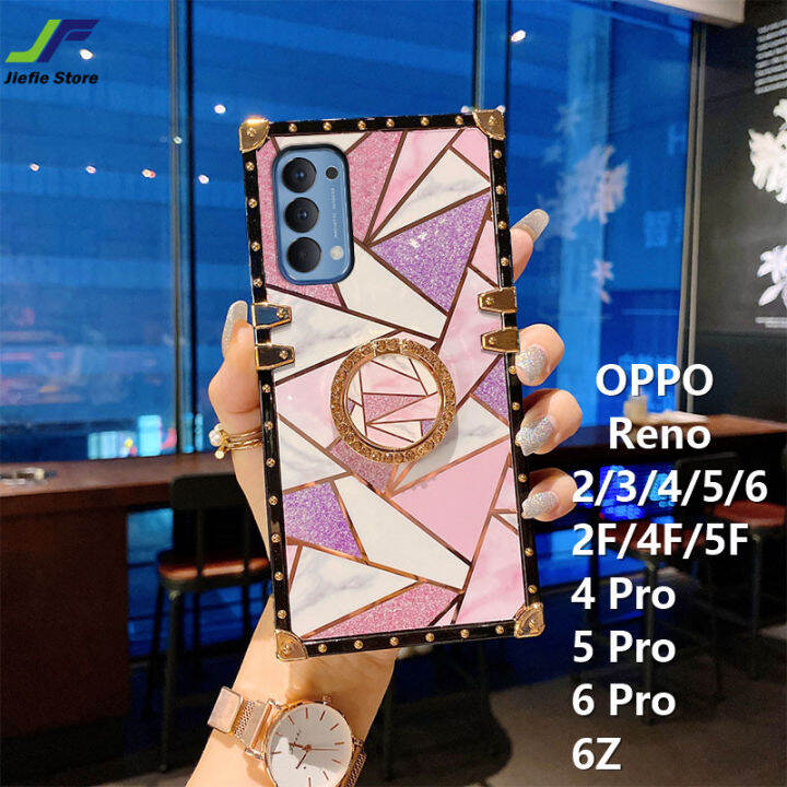 jiefie-luxury-chrome-plated-สำหรับ-oppo-reno-2f-4f-5f-6z-2-3-4-5-6-4-pro-5-pro-6-pro-matte-powder-และ-glossy-ฝาครอบโทรศัพท์-tpu-สี่เหลี่ยมพร้อมขาตั้งวงแหวน