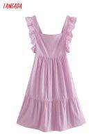 Tangada Womens Pink Ruffles Cotton Linen Dresses Backless Bow Female Casual Beach Dress 5X12