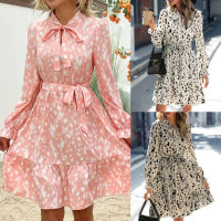 Bow Tie Lace Up Elegant ผู้หญิงชุด Ruffles แขนยาวเข็มขัดเอวสูง Vintage พิมพ์ Swing Dress ฤดูใบไม้ร่วง Casual Streetwear