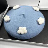 ◊☌❣ RH New Handmade Cute White Clouds Wool Felt French Berets Spring Winter Artist Warm Painter Hats For Gift