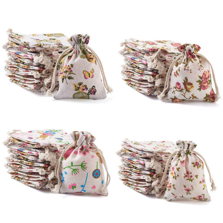 40pcs-ดอกไม้-burlap-กระเป๋าเครื่องประดับบรรจุภัณฑ์-drawstring-กระเป๋าของขวัญกระเป๋าสำหรับงานแต่งงาน-christmas-party-candy-wrapping-ผสม-patterns
