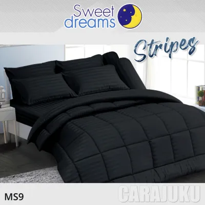 SWEET DREAMS (ชุดประหยัด) ชุดผ้าปูที่นอน+ผ้านวม ลายริ้ว สีดำ Black Stripe MS9 #สวีทดรีมส์ ชุดเครื่องนอน 5ฟุต 6ฟุต ผ้าปู ผ้าปูที่นอน ผ้าปูเตียง ผ้านวม