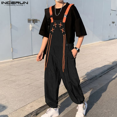 INCERUN Mens Suspender Cargo แขนกุด Overalls Jumpsuits หลวมกางเกง Hippy Dungarees (สไตล์เกาหลี)