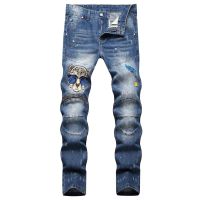 COOL 2023 Fashion Zipper Decorative Jeans Mens Embroidered Perforated Jeans Slim Fit Small Feet Blue New Style Mens