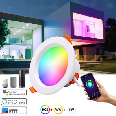 Tuya ไฟดาวน์ไลท์ LED Wifi Art ไฟสปอตไลท์หรี่แสงได้5W 9W 12W 15W LED กลม RGB โคมไฟติดเพดานสีใช้ได้กับ Alexa Google Home