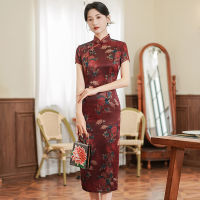 2023ใหม่ผู้หญิงที่ดีขึ้น Cheongsam ผ้าไหมกลางยาวชุดวินเทจสไตล์จีนชุดดอกไม้ขนาดบวกแฟชั่น Qipao M ถึง5XL