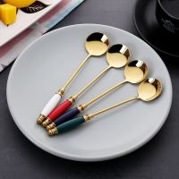 1Pcs Stainless Steel Spoon Ceramic Handle Ice Cream Fruit Coffee Stirring Spoons Teaspoon Dessert Cake Honey Spoon Tableware Serving Utensils