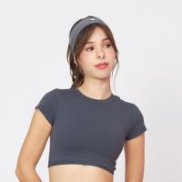 [Peaches active] Soft flex Tshirt bra (Dawn) - เสื้อแขนสั้นเทาดำ / เสื้อออกกำลังกาย เสื้อผ้าโยคะ เล่นกีฬา