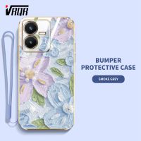 VRQR เคสโทรศัพท์สำหรับ Vivo Y22 Y22S ภาพสีน้ำมันพิมพ์ลายดอกไม้กรอบเคสนิ่มเคลือบอิเล็คโทรเพลทแบนมีฟรีสายคล้อง