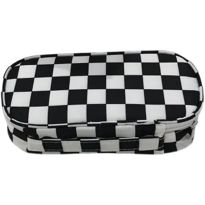 ☍▣▦ Simple Large Capacity Black and White Plaid Pencil Case Portable Canvas Material Pencil Bag School Office Supplies Stationery