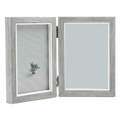 Double Picture Frame 4X6in Rustic Grey Photo Frames Wooden Hinged Folding,Wedding Gifts,Mothers Fathers Day Present