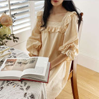 Womens Lolita Dress Cream-colored Square Neck Princess Sleepshirts Vintage Ladies Nightgowns Nightdress Cute Lounge Sleepwear