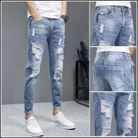 ♂ Spring and summer new ripped nine-point jeans mens slim feet casual summer beggars tide brand trousers men