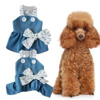 Summer Denim Pet Dress with Bow Button Flower Design Soft Dog Cat Halter Dress for Yorkies Pomeranians Shih Tzus Maltese Dresses