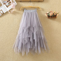 Women irregular Tulle Skirts Fashion Elastic High Waist Mesh Tutu Skirt Pleated Long Skirts Midi Skirt Saias Faldas Jupe Femmle