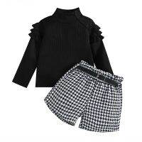 1-6Y เด็กสาวฤดูใบไม้ร่วงเสื้อผ้าชุดเด็กนัวเนียแขนยาวคอสูงยางท็อปส์ Houndstooth กางเกงขาสั้นเข็มขัดเด็กชุด