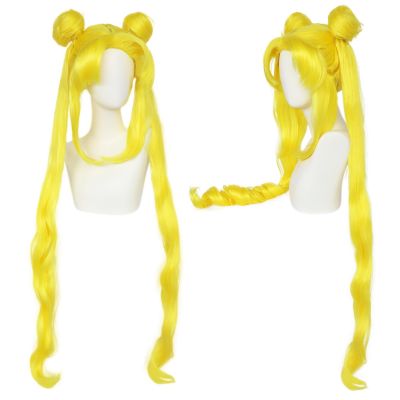 Anogol Tsukino Usagi Sailor Moon สำหรับ Tsukino Usagi Long Curly Blonde Double tail Synthetic Cosplay Wig For Girl S Costume ~